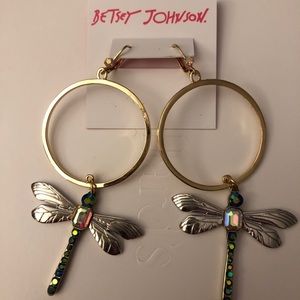 Betsey Johnson Dragonfly Gypsy Hoop Drop Earrings Crystal Accents NWT
